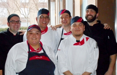 L-R, Back row Frederick Moyer, William McRae Front row: Alicia Quock, Marcus Clayton with their chef trainers